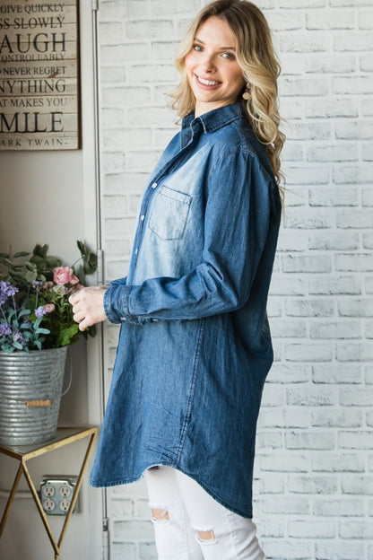 Veveret Pocketed Button Up Washed Denim Shirt - Myfave Denim