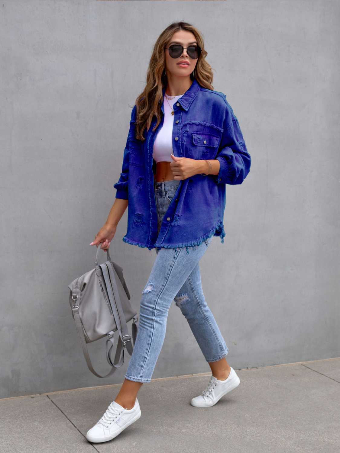 Distressed Drop Shoulder Denim Jacket - Myfave Denim