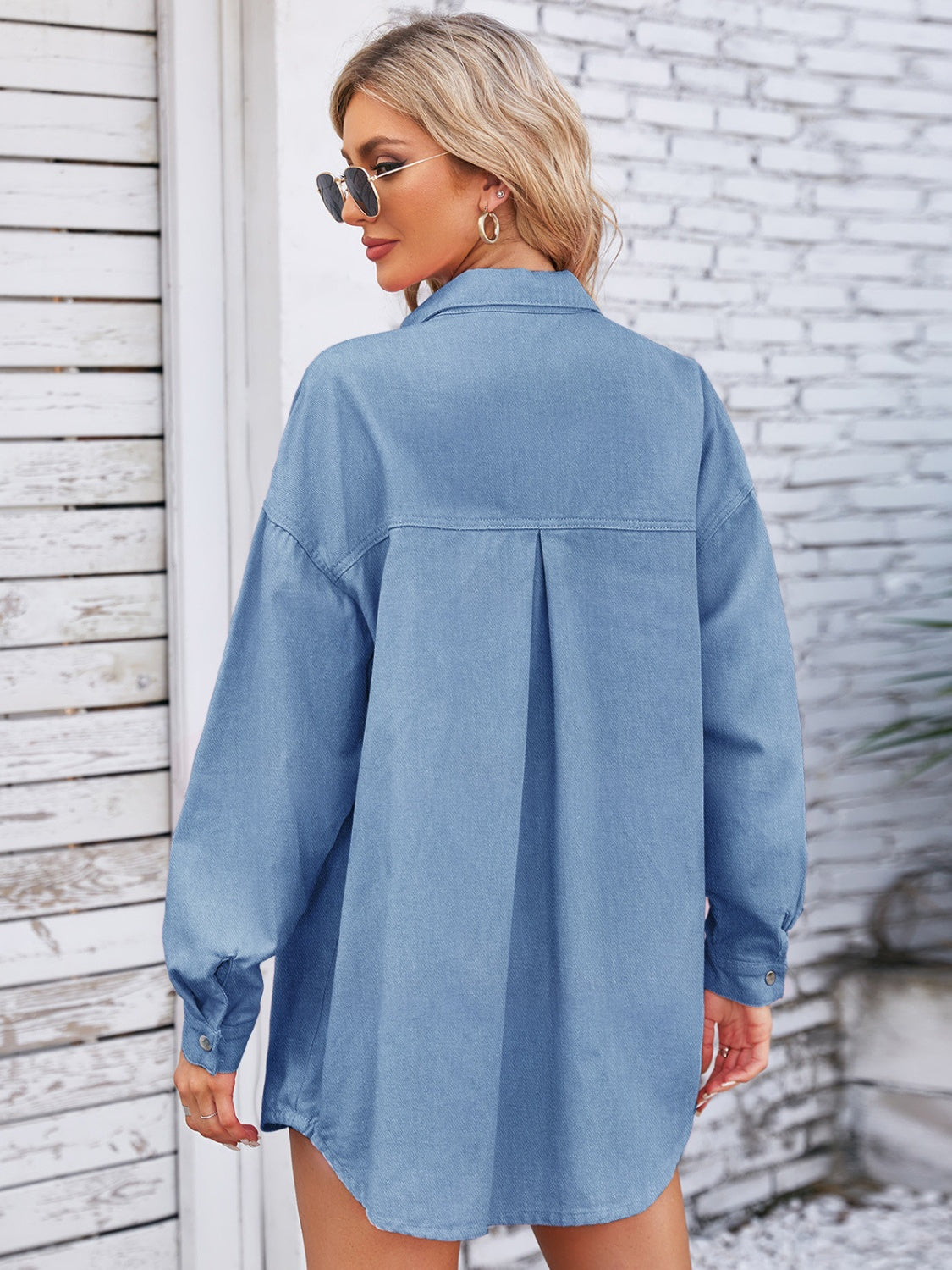 Pocketed Snap Down Dropped Shoulder Denim Shacket - Myfave Denim