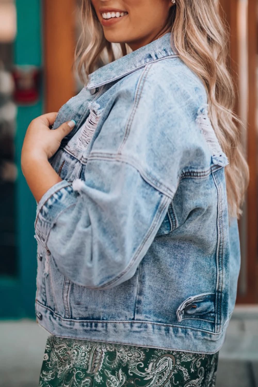 Distressed Drop Shoulder Denim Jacket - Myfave Denim