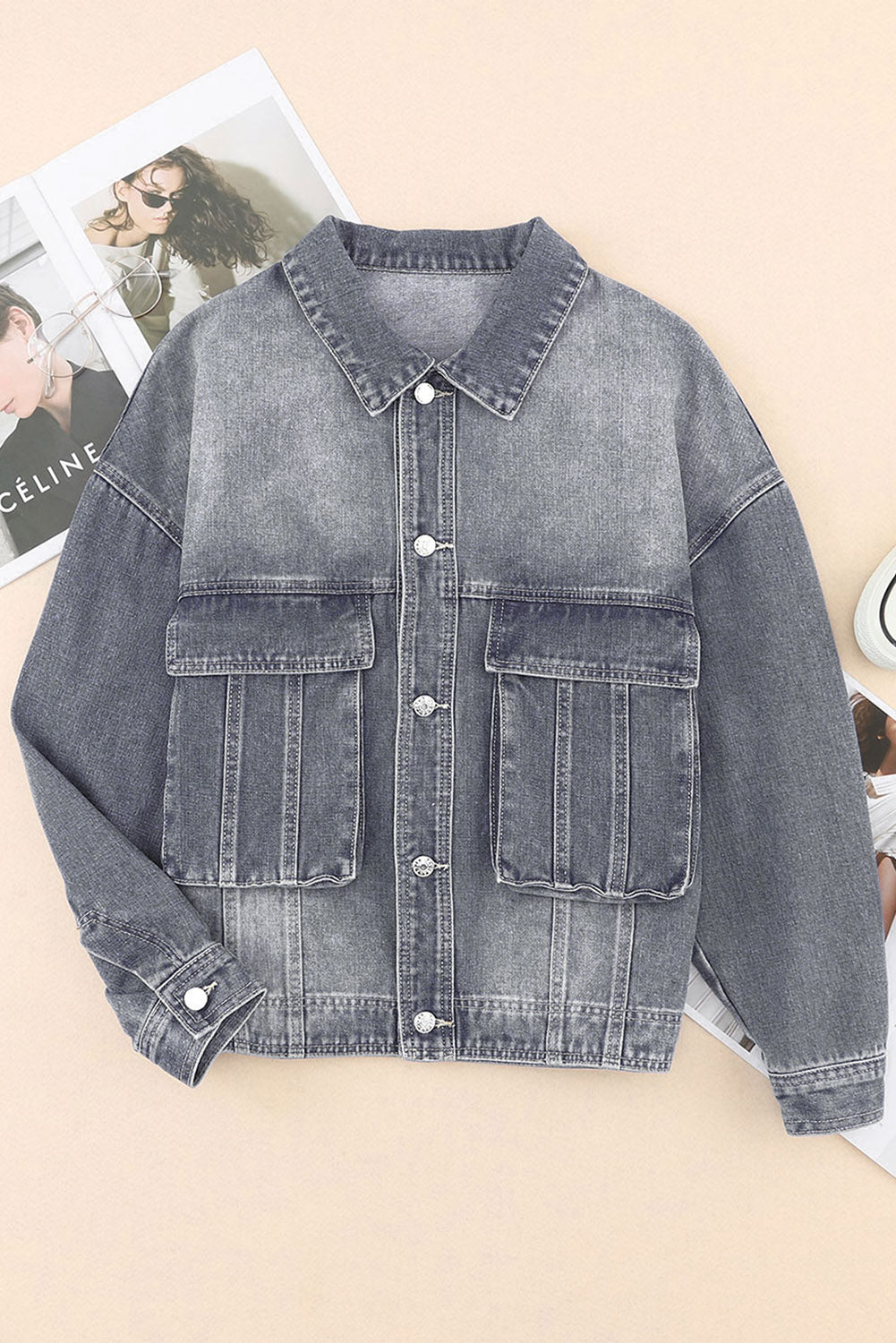 Button Up Dropped Shoulder Denim Jacket with Pockets - Myfave Denim