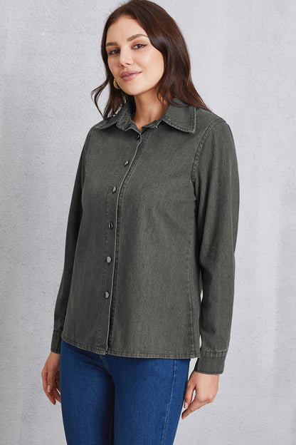 Collared Neck Button Up Denim Top - Myfave Denim