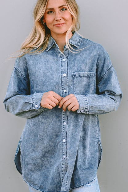 Button Up Dropped Shoulder Denim Top - Myfave Denim