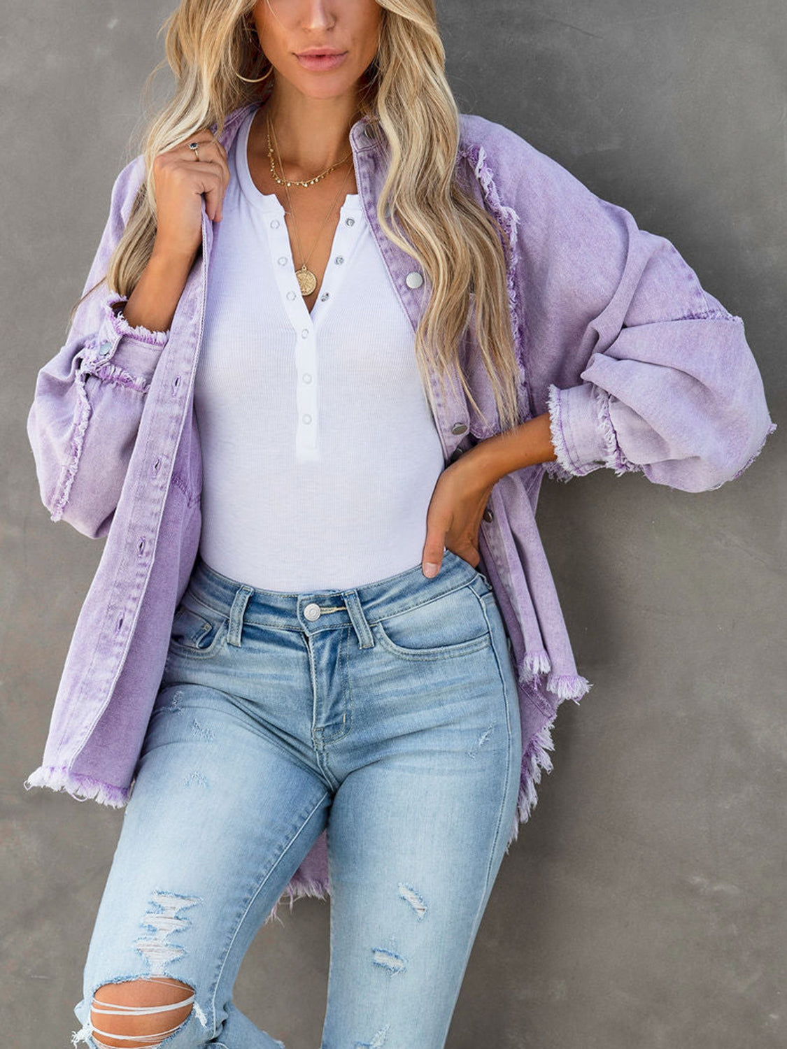 Button Down Raw Hem Denim Jacket - Myfave Denim