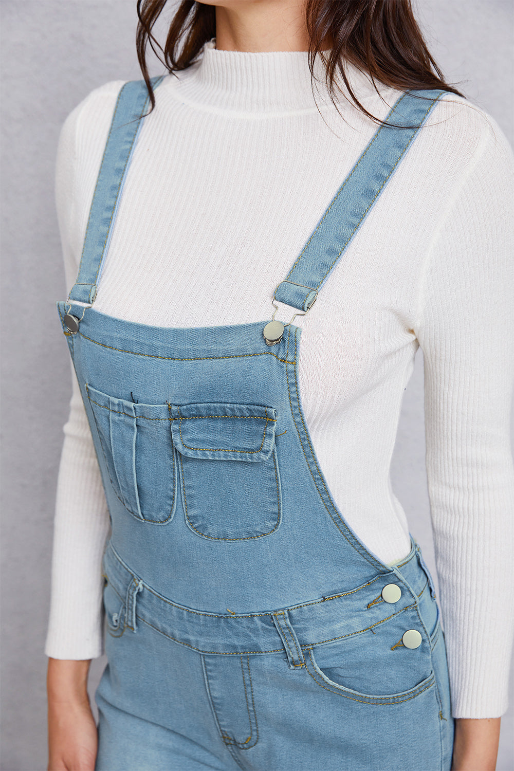 Distressed Washed Denim Overalls with Pockets - Myfave Denim