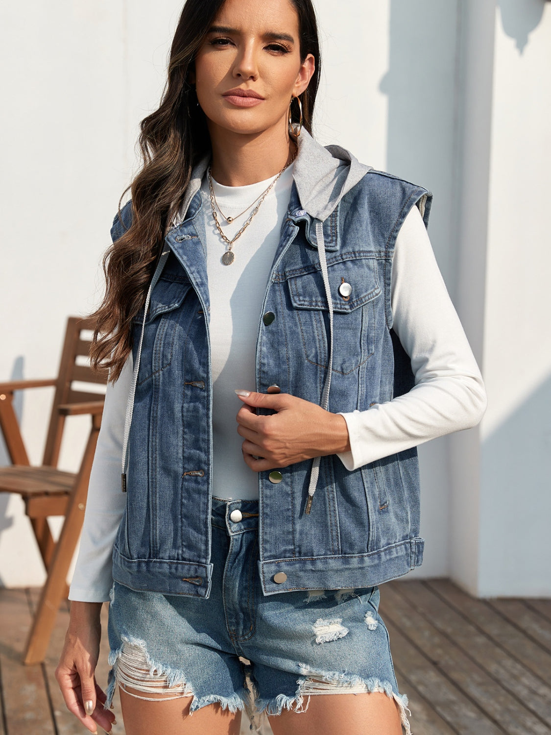 Pocketed Button Up Hooded Denim Jacket - Myfave Denim