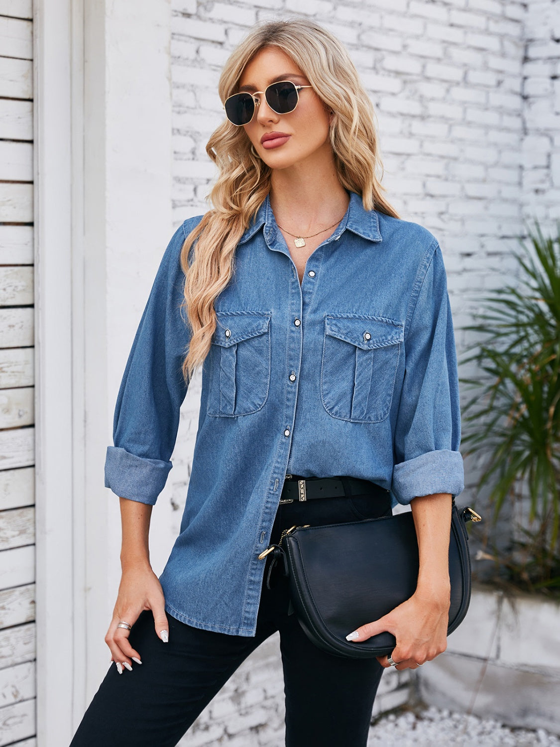 Button Up Collared Neck Denim Jacket - Myfave Denim