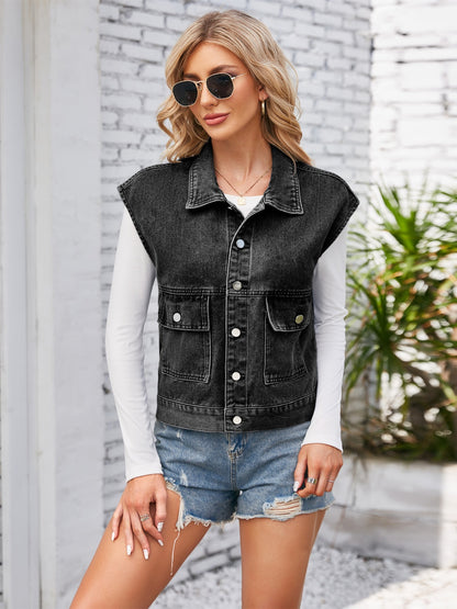 Cap Sleeve Denim Jacket with Pockets - Myfave Denim