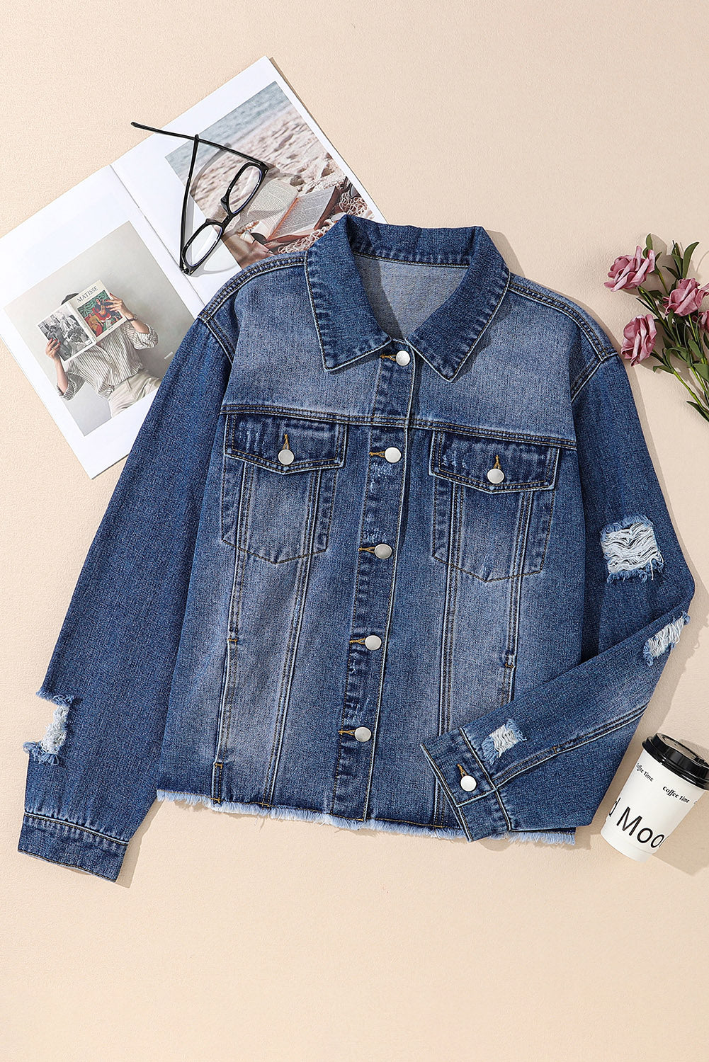 Plus Size Distressed Button Up Raw Hem Denim Jacket - Myfave Denim