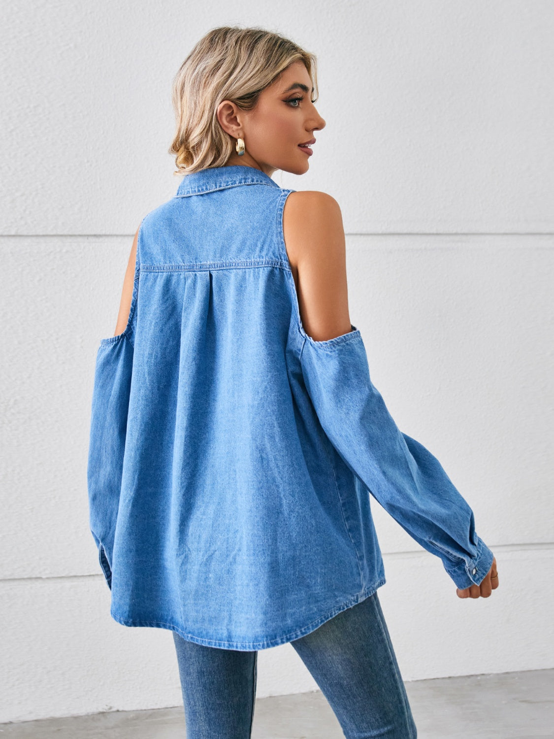 Cold Shoulder Pocketed Button Up Denim Jacket - Myfave Denim