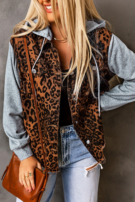 Leopard Distressed Drawstring Hooded Denim Jacket - Myfave Denim