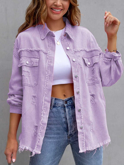 Distressed Drop Shoulder Denim Jacket - Myfave Denim