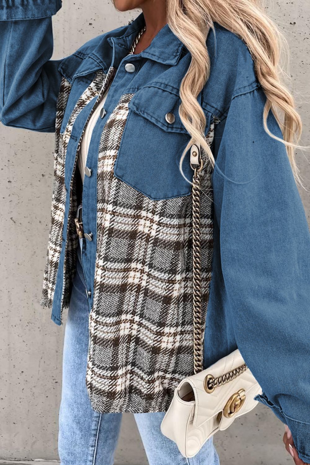 Plaid Pocketed Button Up Denim Jacket - Myfave Denim