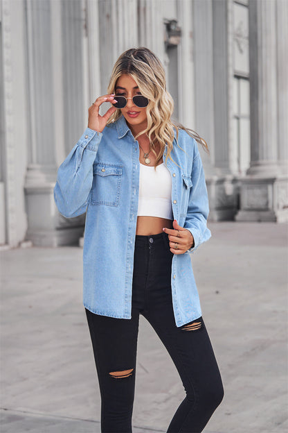 Collared Neck Dropped Shoulder Denim Top - Myfave Denim