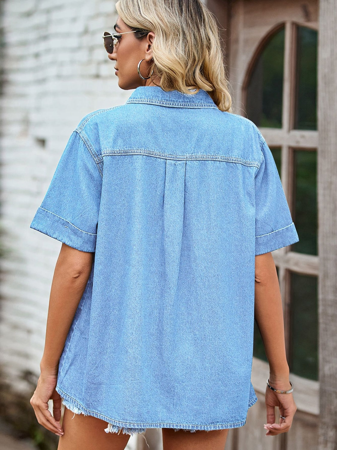 Pocketed Button Up Short Sleeve Denim Shirt - Myfave Denim