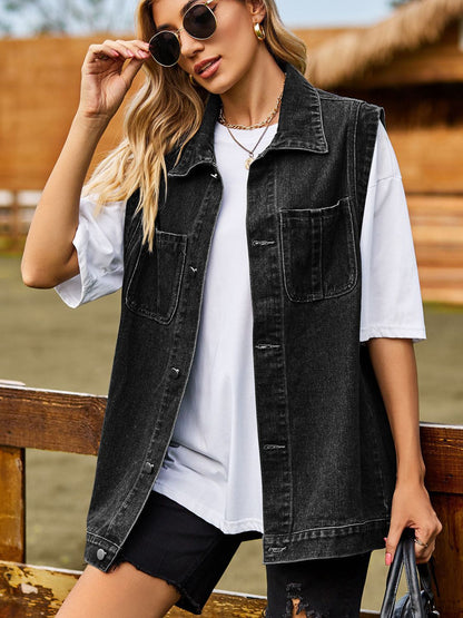 Button Down Denim Vest - Myfave Denim