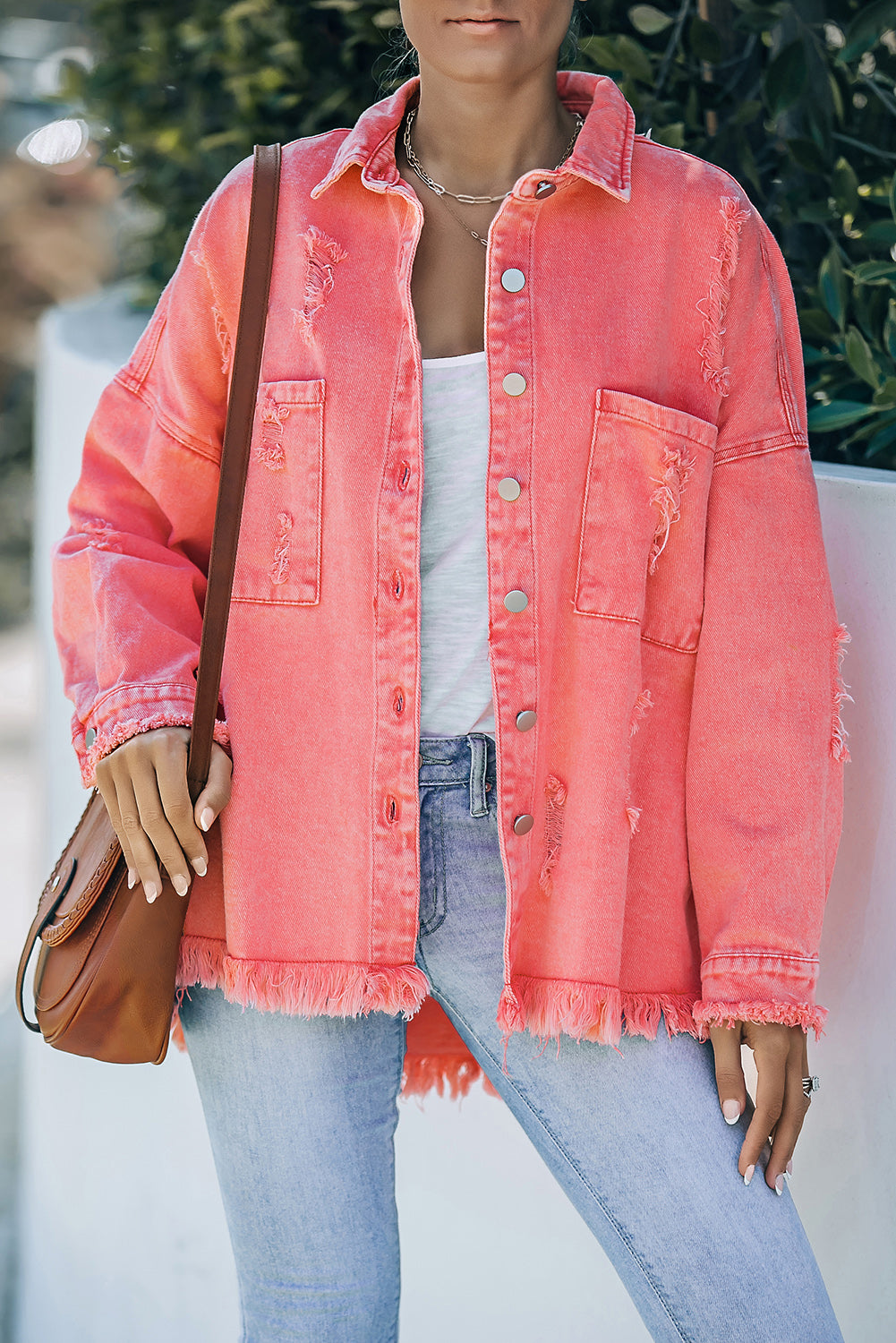 Distressed Button Up Raw Hem Denim Jacket - Myfave Denim