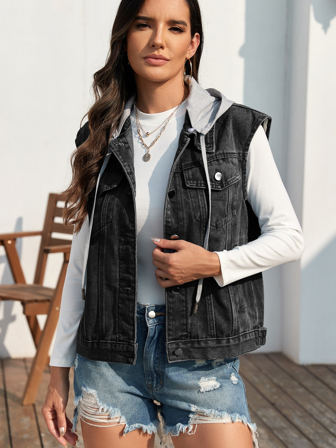 Pocketed Button Up Hooded Denim Jacket - Myfave Denim