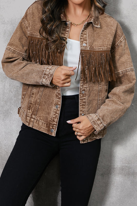 Fringe Trim Snap Down Denim Jacket - Myfave Denim