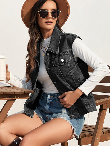 Collared Neck Sleeveless Denim Jacket - Myfave Denim