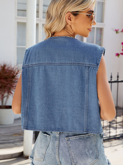 Pocketed Button Up Sleeveless Denim Jacket - Myfave Denim