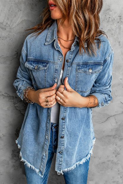 Button Up Pocketed Raw Hem Denim Jacket - Myfave Denim