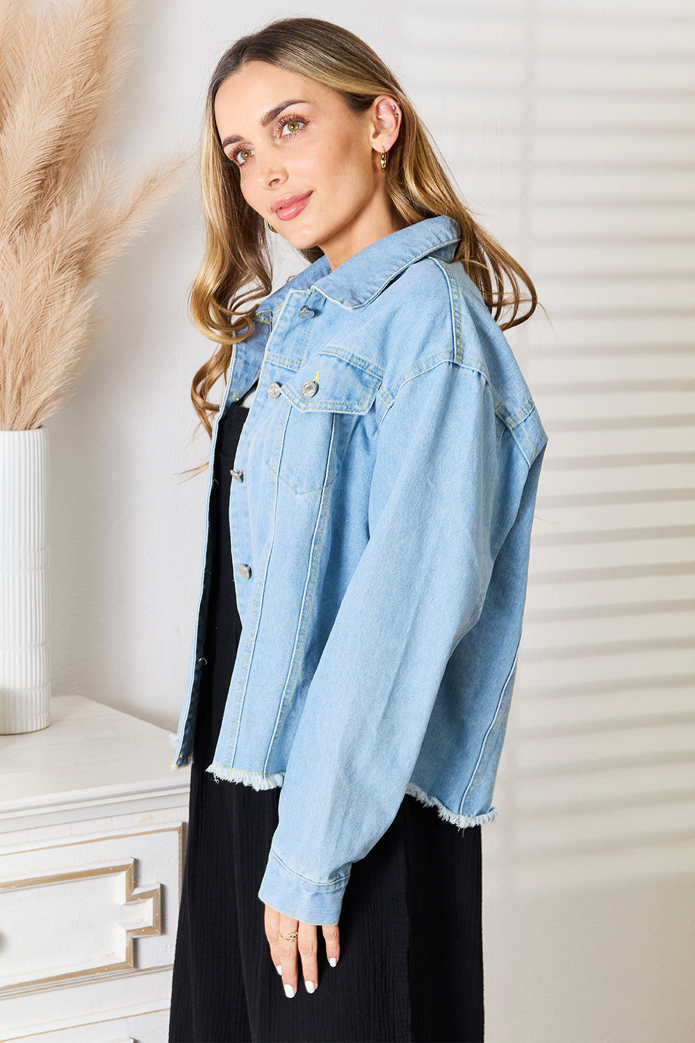 Double Take Dropped Shoulder Raw Hem Denim Jacket - Myfave Denim