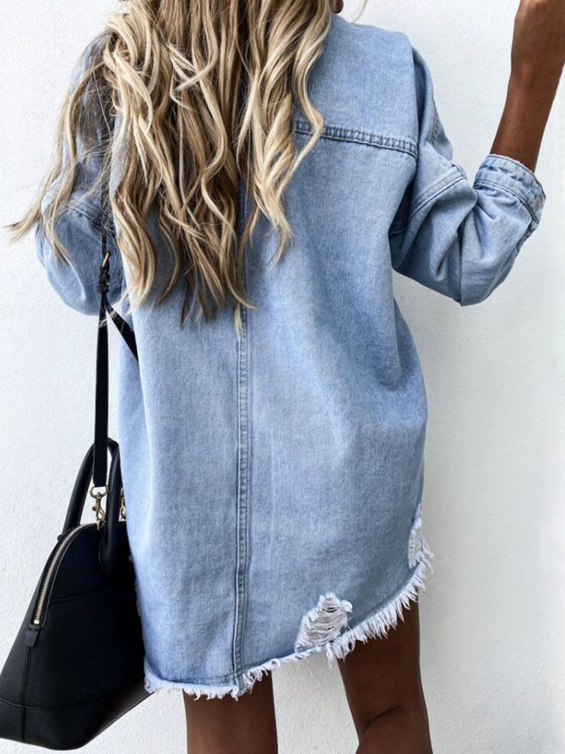 Raw Hem Collared Neck Long Sleeve Denim Jacket - Myfave Denim