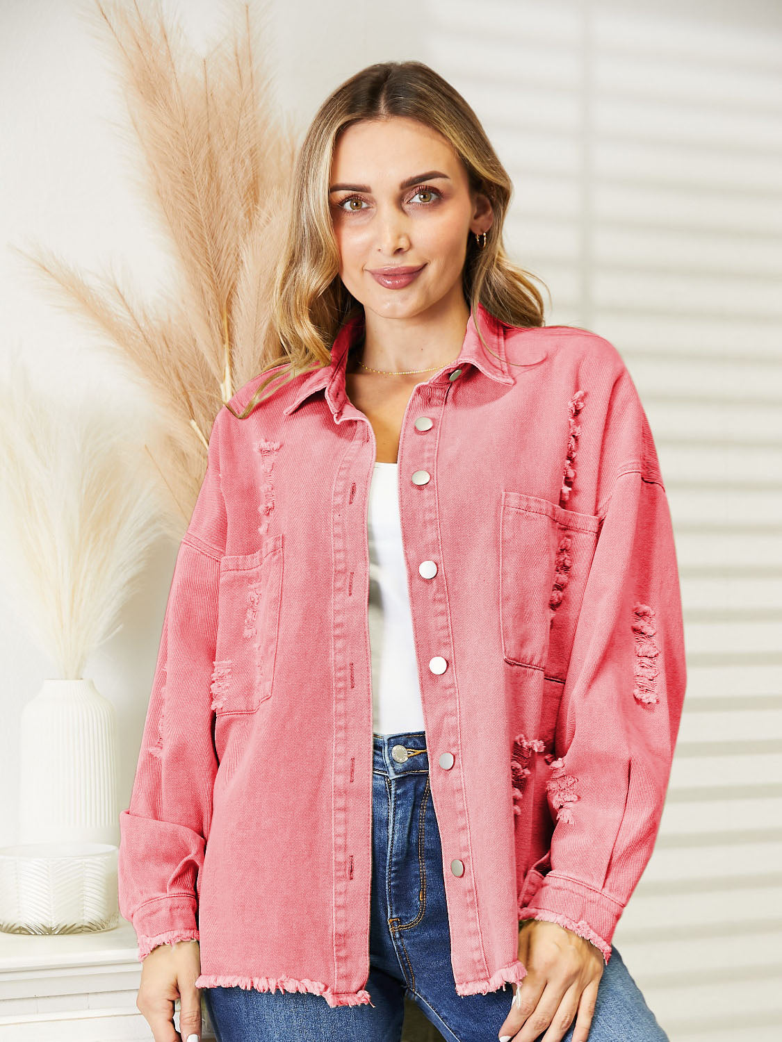 Distressed Raw Hem Denim Jacket - Myfave Denim