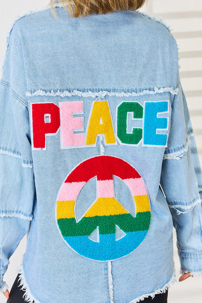 PEACE Raw Hem Dropped Shoulder Denim Top - Myfave Denim