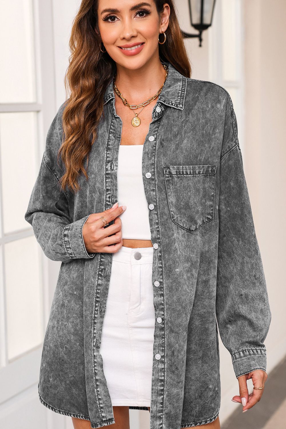 Button Up Dropped Shoulder Denim Top - Myfave Denim