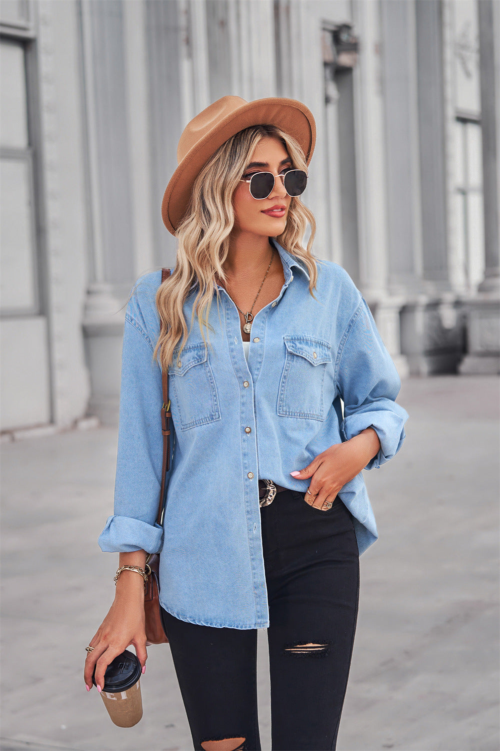 Collared Neck Dropped Shoulder Denim Top - Myfave Denim