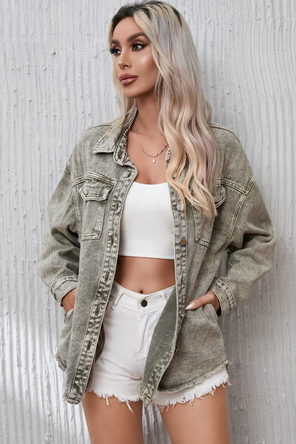 Button Up Pocketed Raw Hem Denim Jacket - Myfave Denim