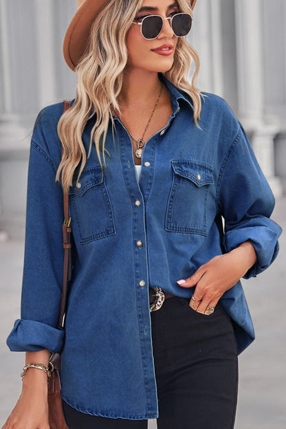 Collared Neck Dropped Shoulder Denim Top - Myfave Denim