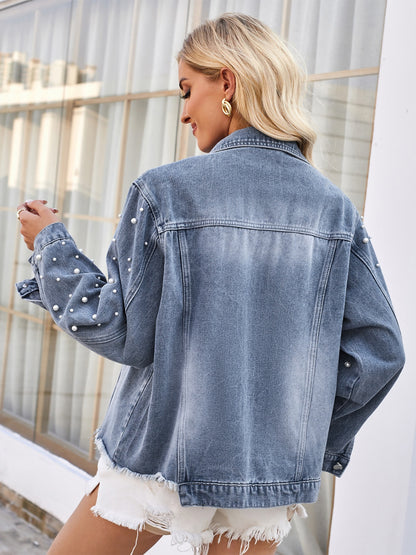 Pearl Trim Raw Hem Denim Jacket - Myfave Denim