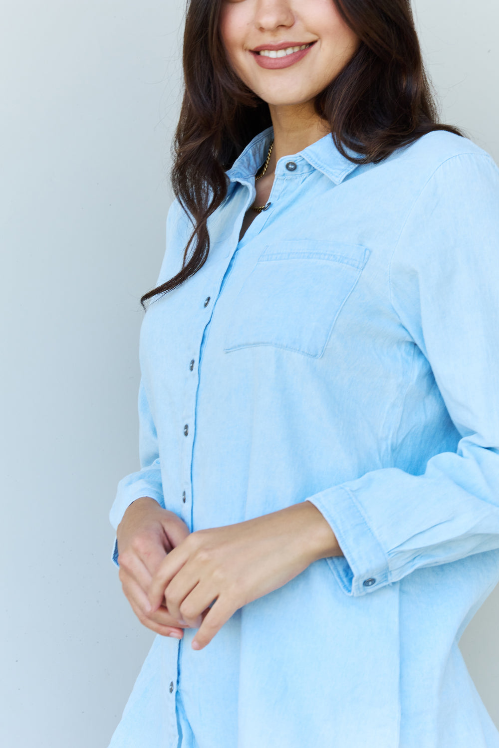 Doublju Blue Jean Baby Denim Button Down Shirt Top in Light Blue - Myfave Denim