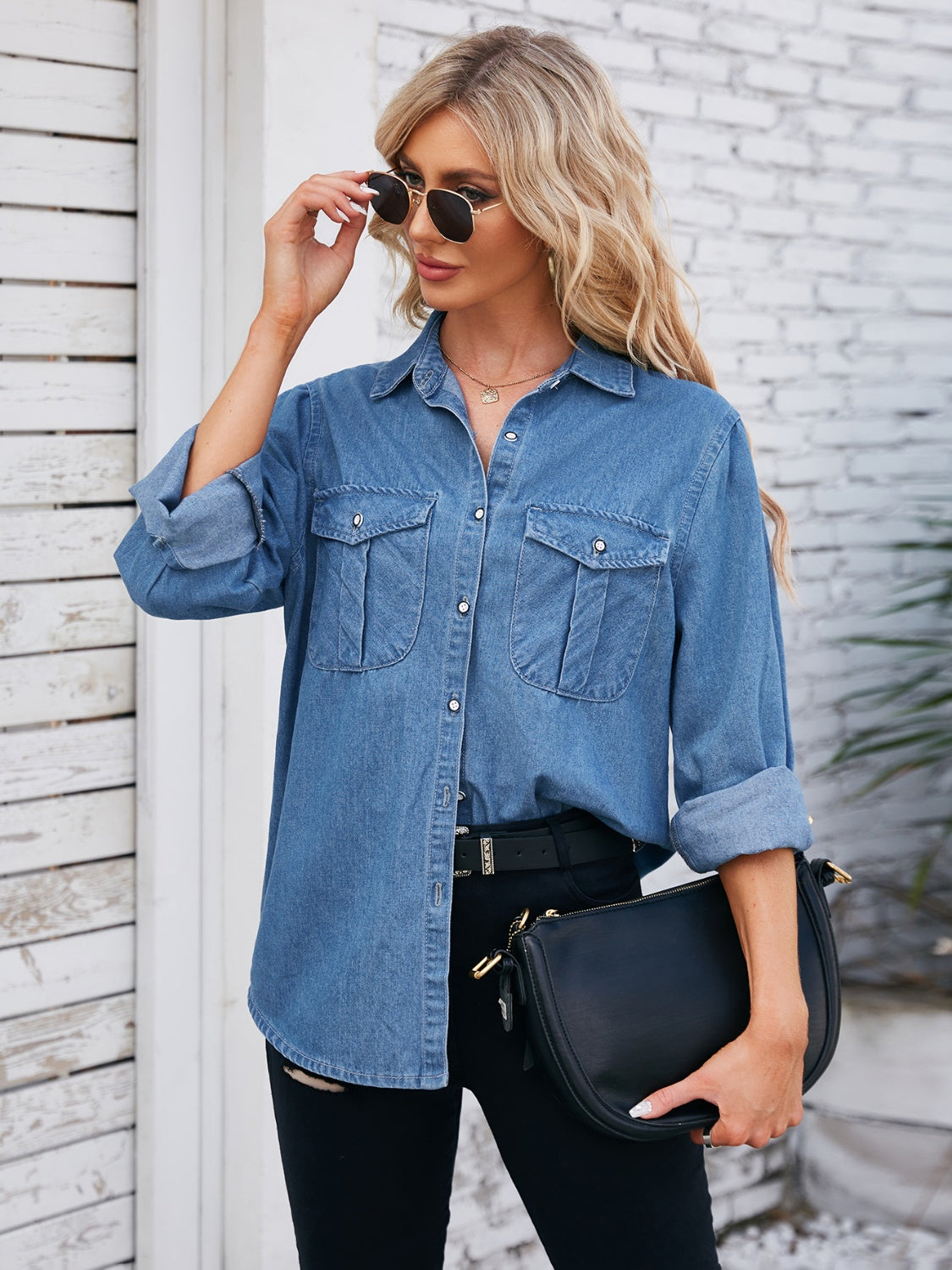 Button Up Collared Neck Denim Jacket - Myfave Denim