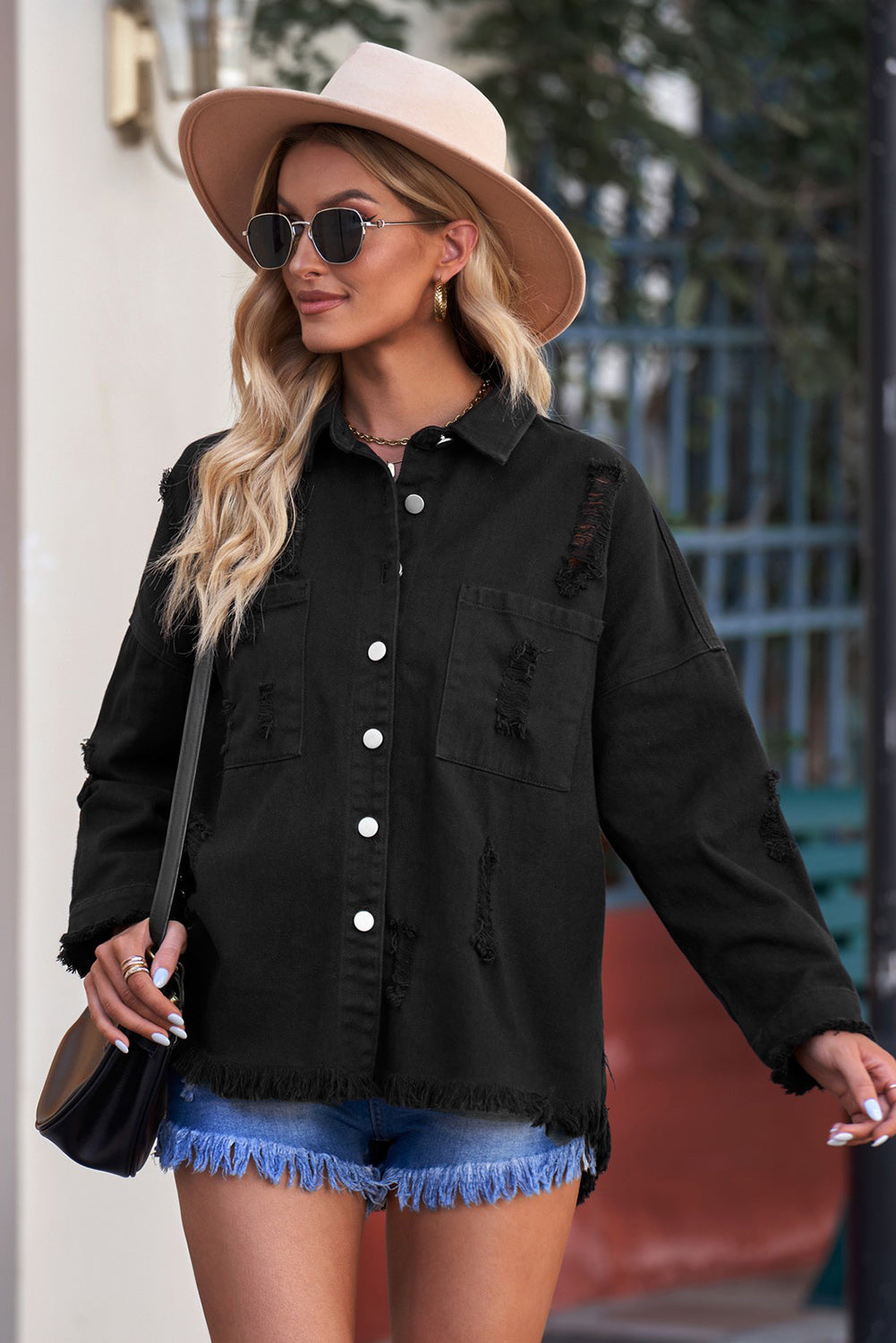 Distressed Button Up Raw Hem Denim Jacket - Myfave Denim