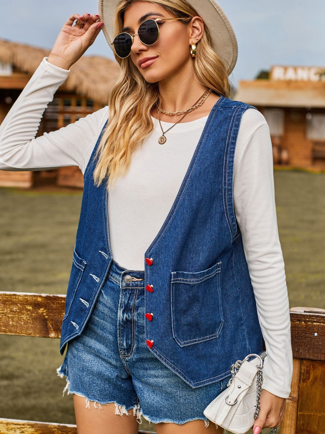 Pocketed Button Up Sleeveless Denim Jacket - Myfave Denim