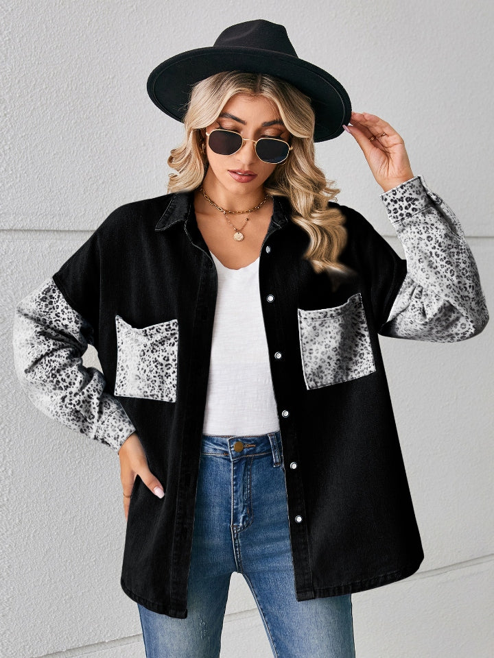 Leopard Button Up Denim Jacket - Myfave Denim