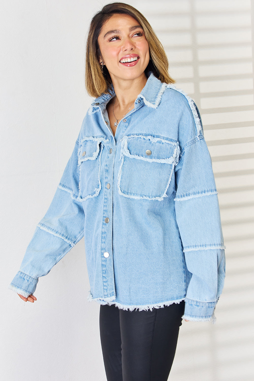 PEACE Raw Hem Dropped Shoulder Denim Top - Myfave Denim