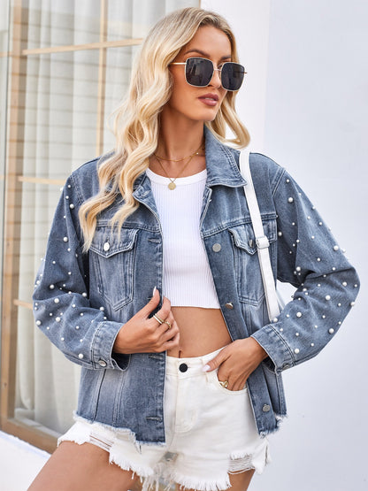 Pearl Trim Raw Hem Denim Jacket - Myfave Denim