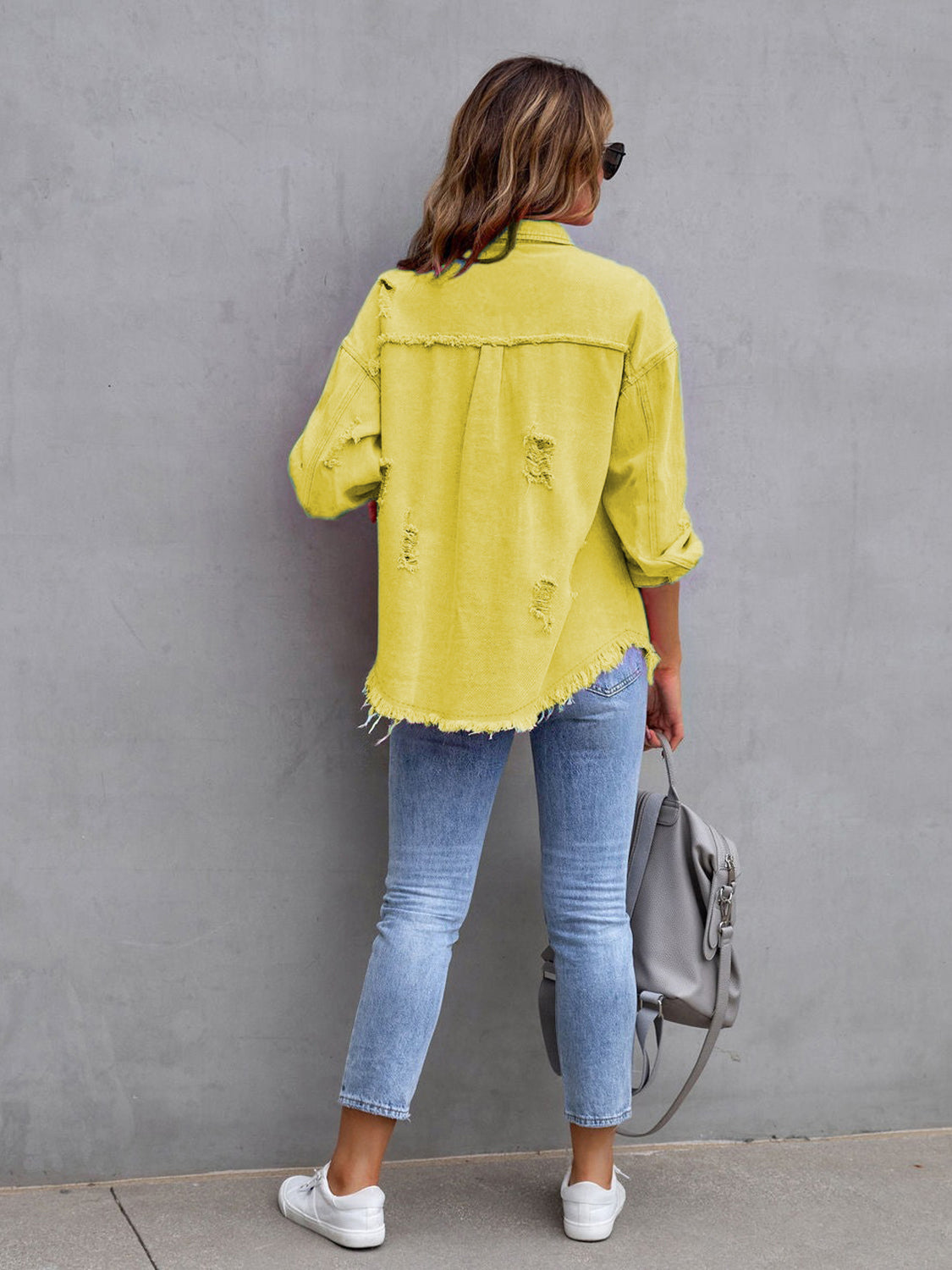 Distressed Drop Shoulder Denim Jacket - Myfave Denim