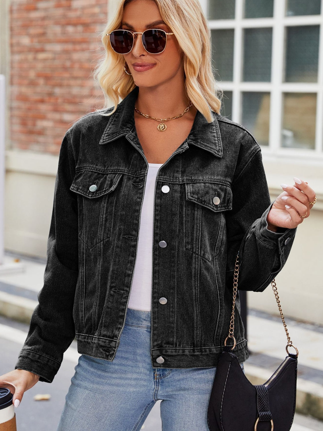 Pocketed Collared Neck Denim Jacket - Myfave Denim