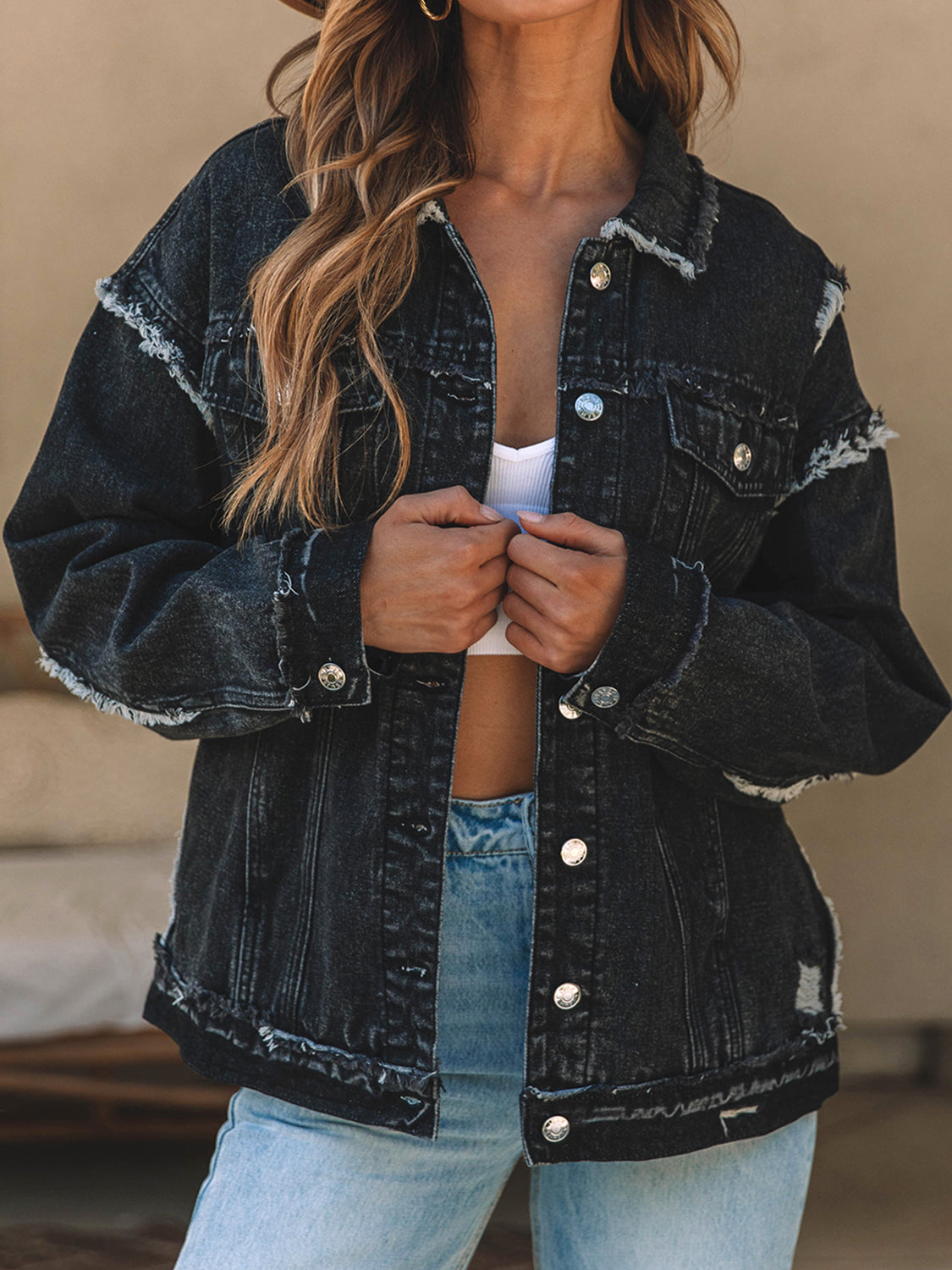 Button Up Raw Hem Distressed Denim Jacket - Myfave Denim