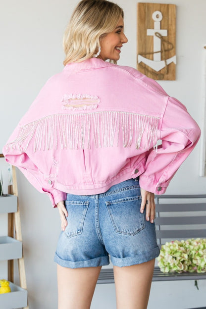 Veveret Fringe Distressed Button Up Denim Jacket - Myfave Denim