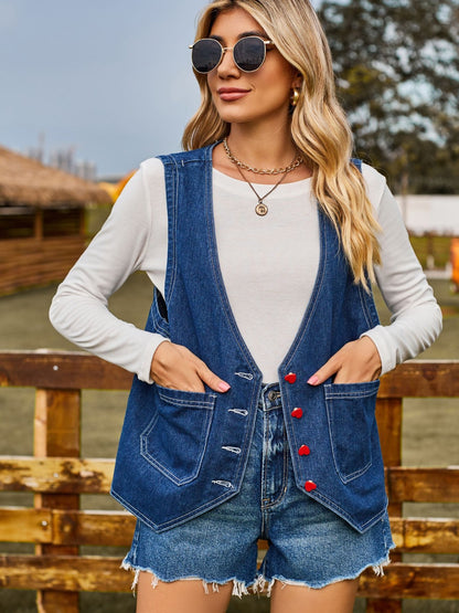 Pocketed Button Up Sleeveless Denim Jacket - Myfave Denim