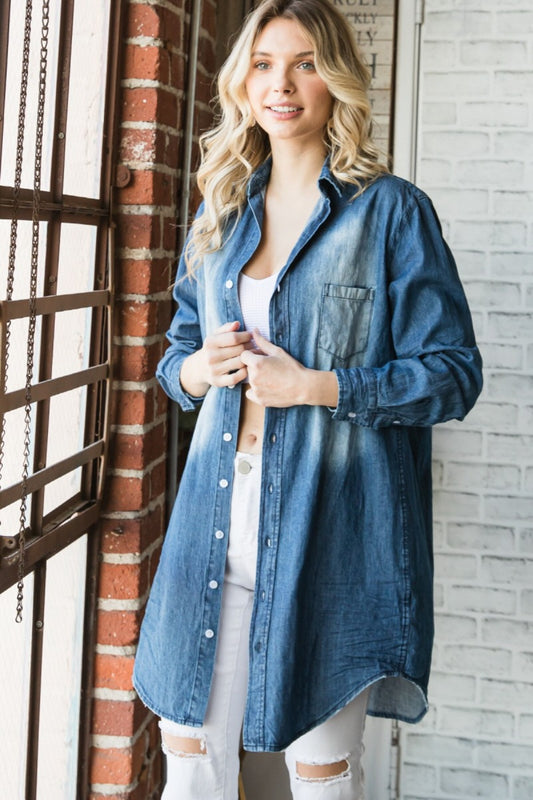 Veveret Pocketed Button Up Washed Denim Shirt - Myfave Denim