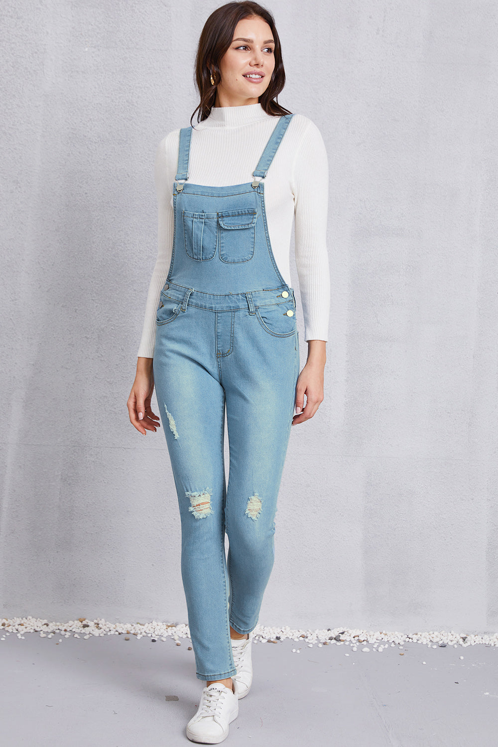 Distressed Washed Denim Overalls with Pockets - Myfave Denim