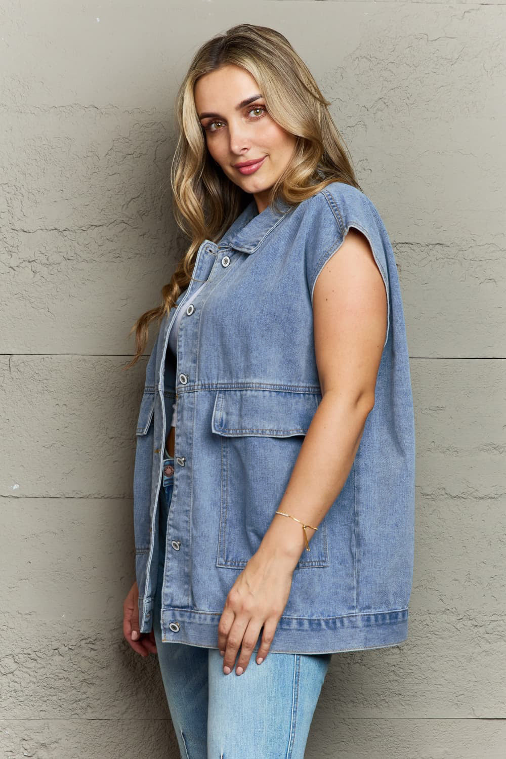 Collared Neck Sleeveless Denim Top with Pockets - Myfave Denim